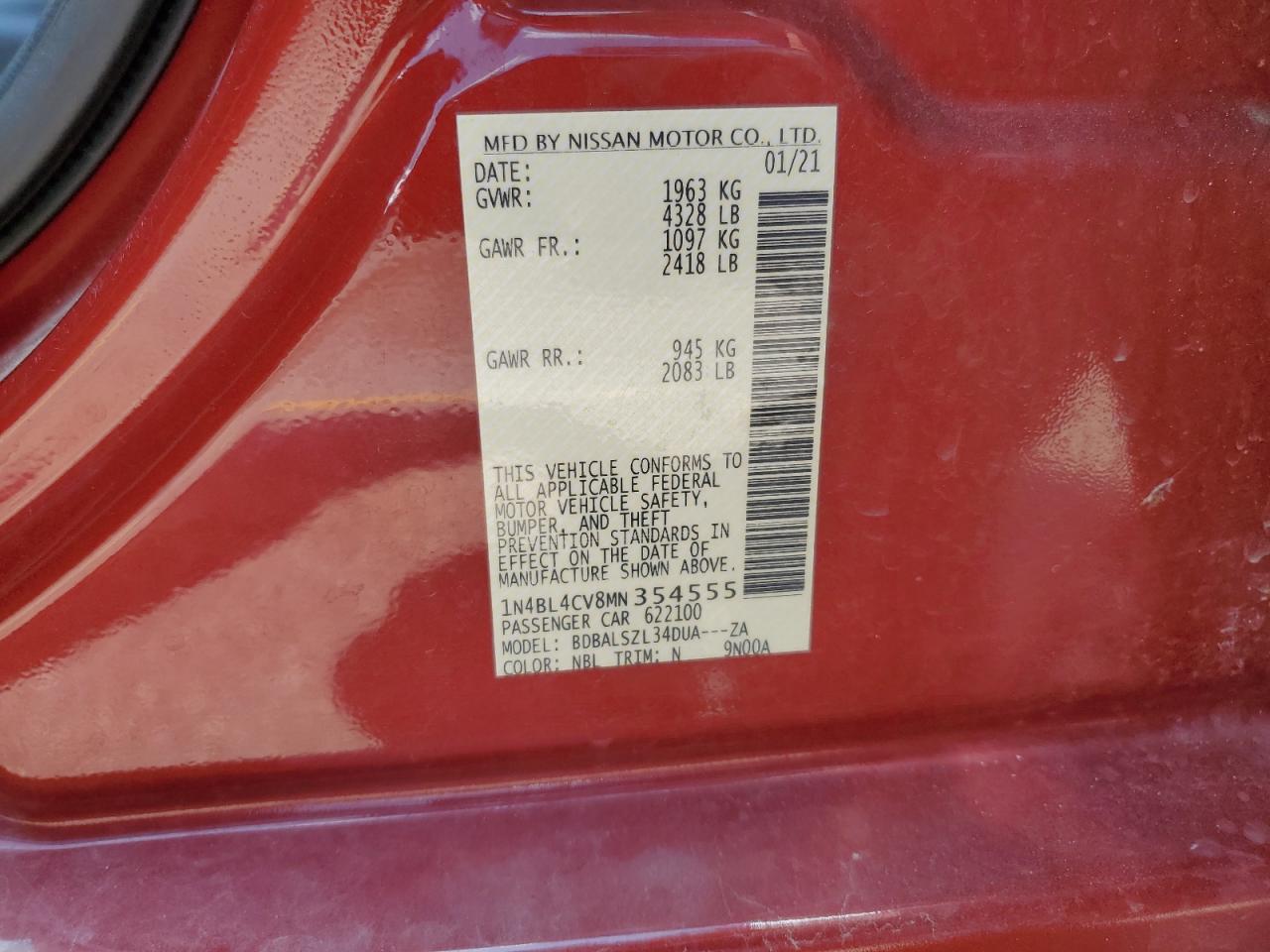 2021 Nissan Altima Sr VIN: 1N4BL4CV8MN354555 Lot: 65129185