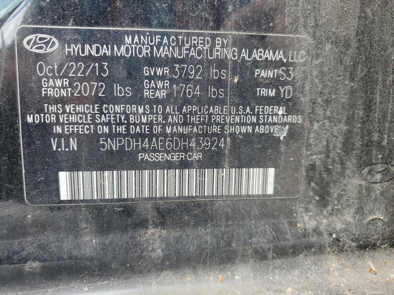 2013 Hyundai Elantra Gls VIN: 5NPDH4AE6DH439241 Lot: 63739715