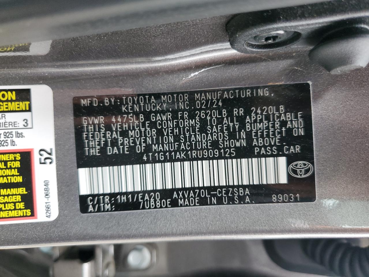 2024 Toyota Camry Se Night Shade VIN: 4T1G11AK1RU909125 Lot: 65632555