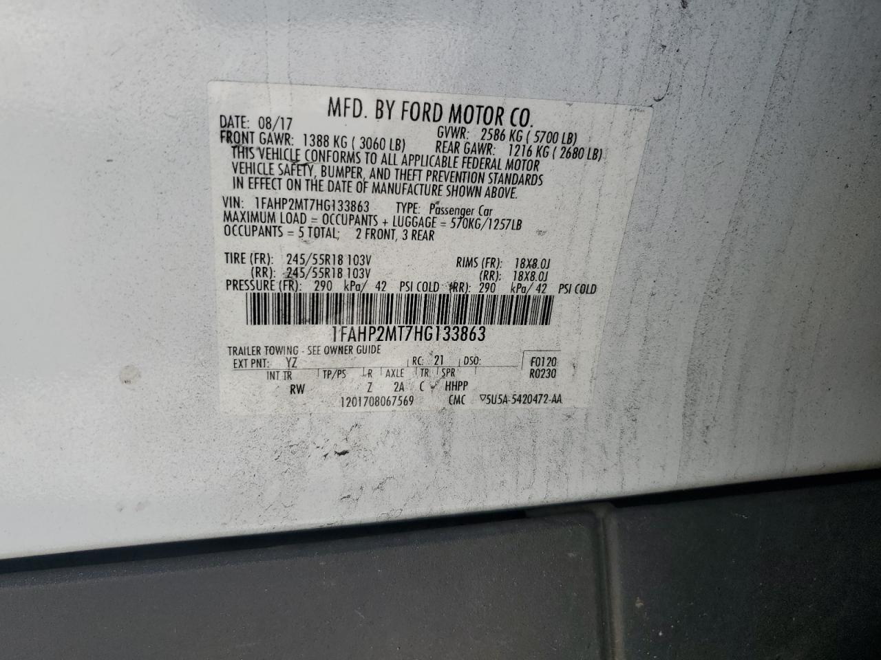 2017 Ford Taurus Police Interceptor VIN: 1FAHP2MT7HG133863 Lot: 66279185