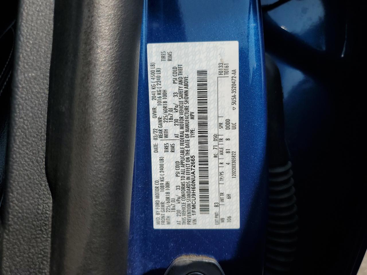 2022 Ford Escape Sel VIN: 1FMCU9H60NUA72665 Lot: 64700565