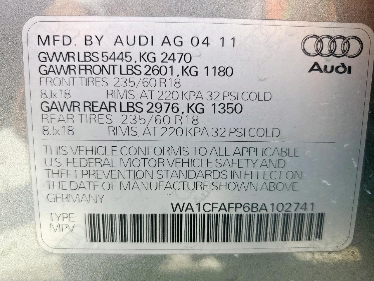 2011 Audi Q5 Premium VIN: WA1CFAFP6BA102741 Lot: 64840665