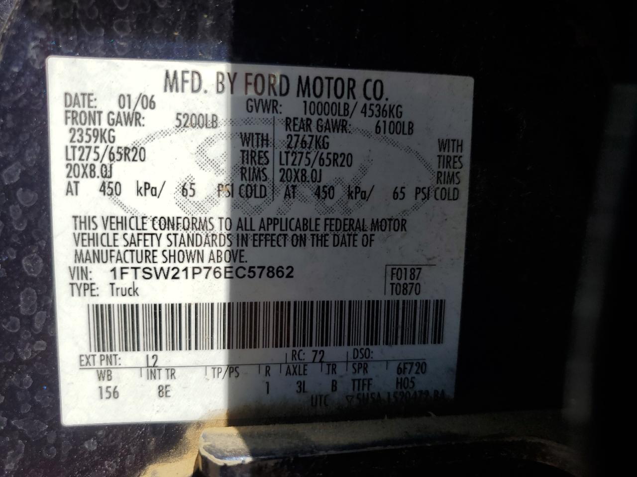 2006 Ford F250 Super Duty VIN: 1FTSW21P76EC57862 Lot: 62905515