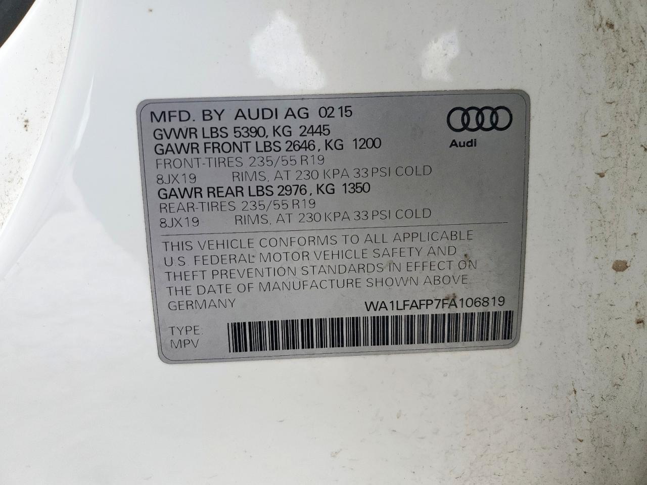 2015 Audi Q5 Premium Plus VIN: WA1LFAFP7FA106819 Lot: 64219755