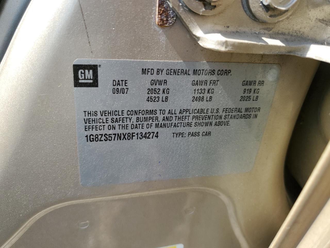 2008 Saturn Aura Xe VIN: 1G8ZS57NX8F134274 Lot: 62967915