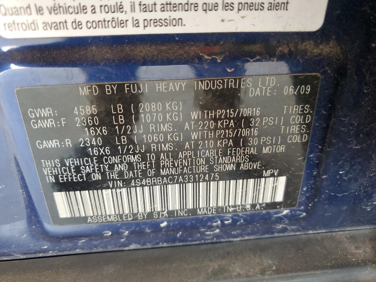 2010 Subaru Outback 2.5I VIN: 4S4BRBAC7A3312475 Lot: 64846825