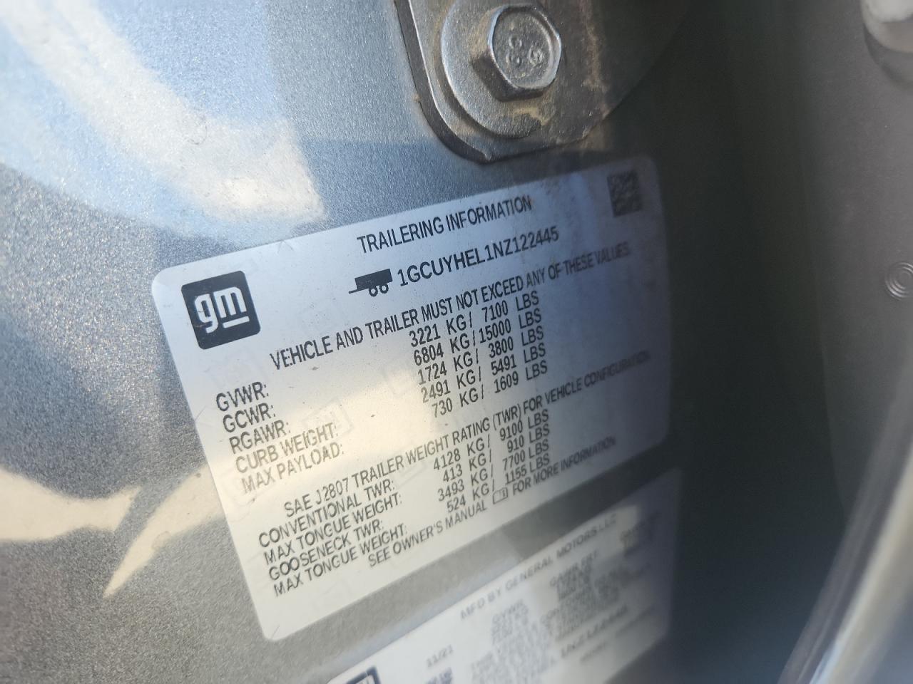 2022 Chevrolet Silverado Ltd K1500 High Country VIN: 1GCUYHEL1NZ122445 Lot: 65134655