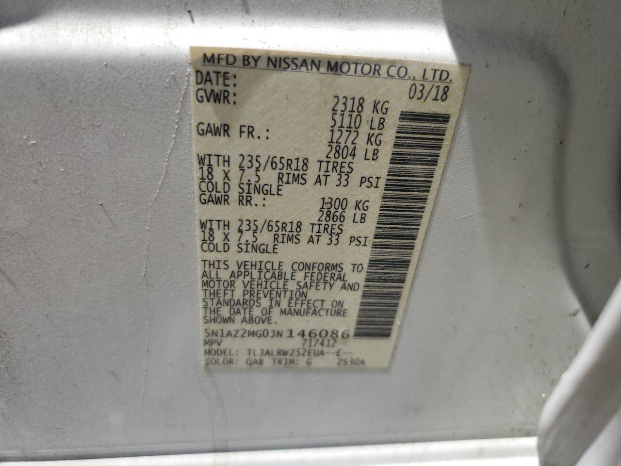 2018 Nissan Murano S VIN: 5N1AZ2MG0JN146086 Lot: 63058865