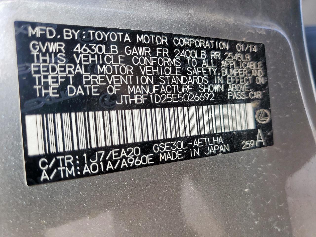 2014 Lexus Is 250 VIN: JTHBF1D25E5026692 Lot: 63929175