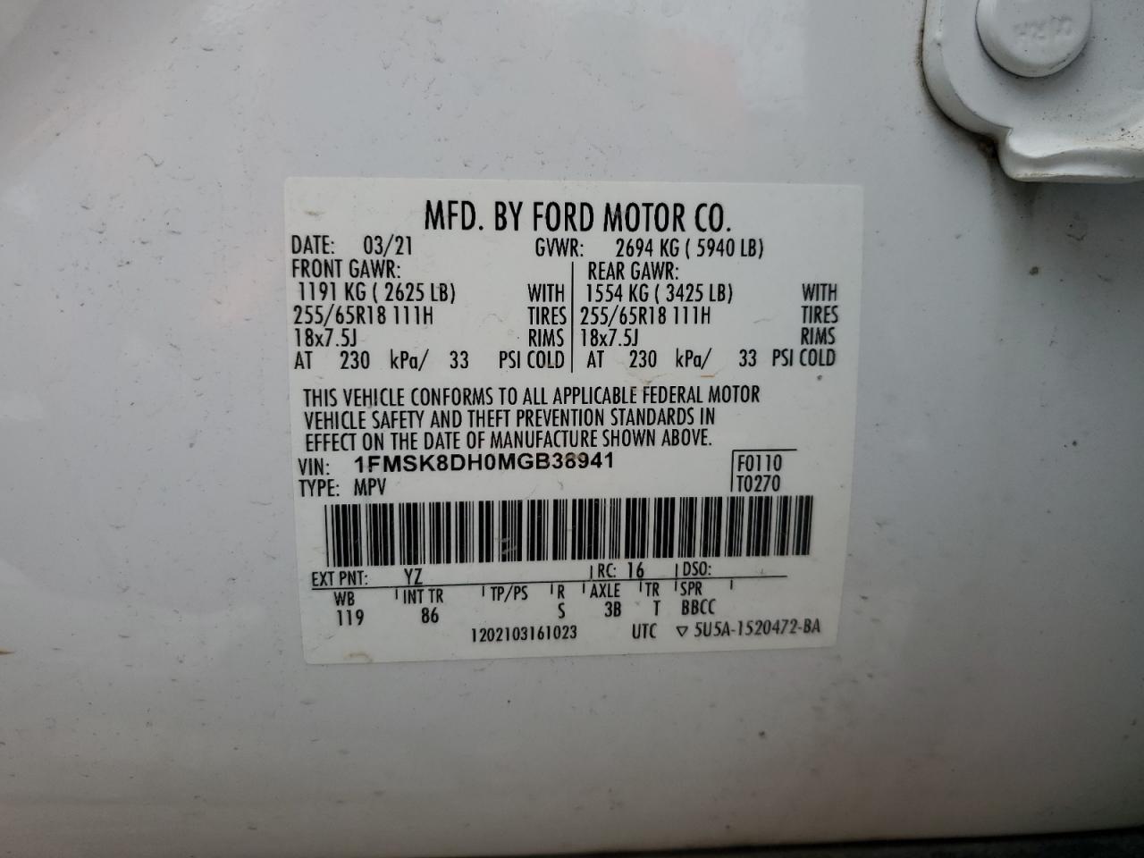 2021 Ford Explorer Xlt VIN: 1FMSK8DH0MGB38941 Lot: 65014865