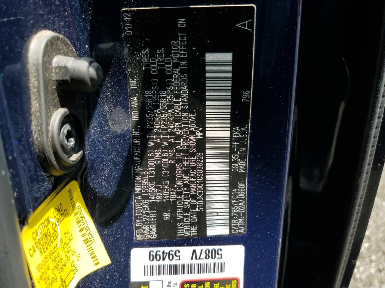 2012 Toyota Sienna Le VIN: 5TDJK3DC1CS038228 Lot: 65023615