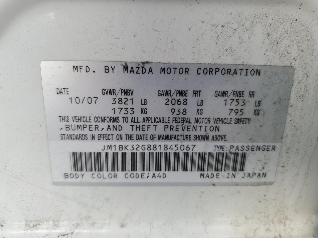 2008 Mazda 3 I VIN: JM1BK32G881845067 Lot: 81149185