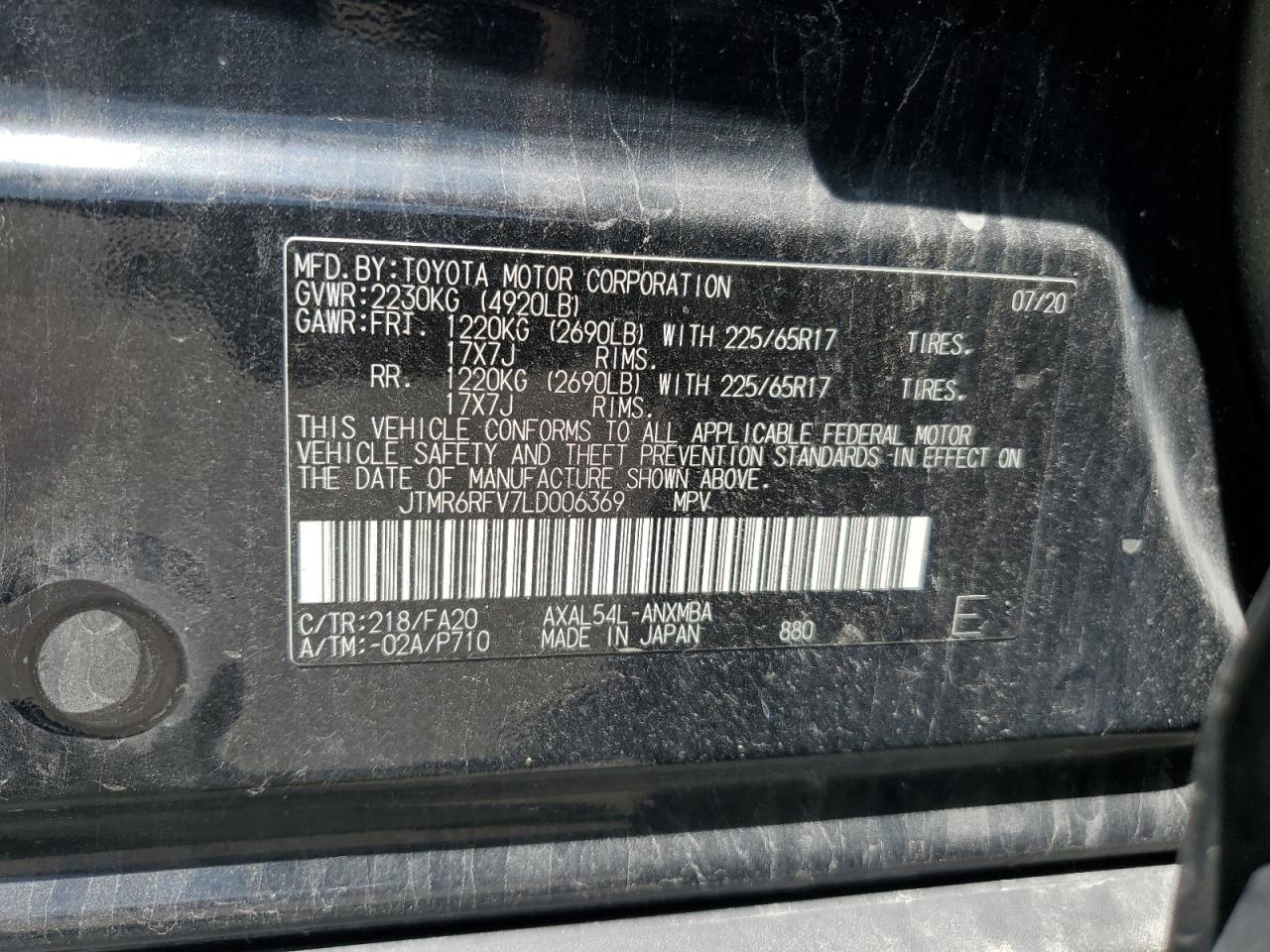 2020 Toyota Rav4 Xle VIN: JTMR6RFV7LD006369 Lot: 64778725
