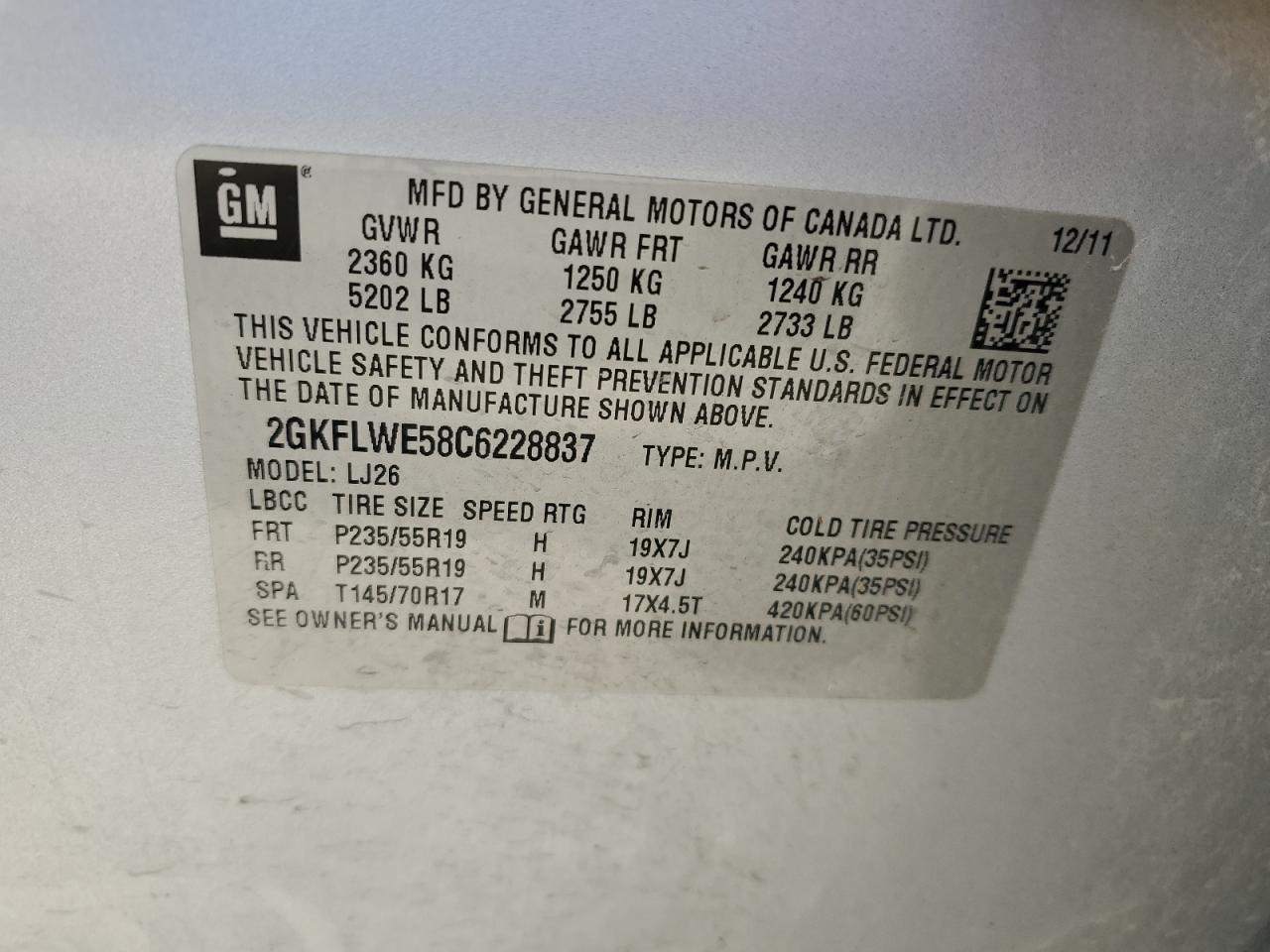 2012 GMC Terrain Slt VIN: 2GKFLWE58C6228837 Lot: 64113045