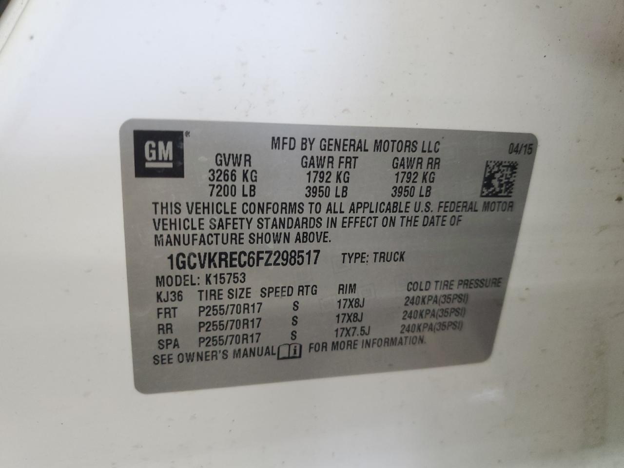 2015 Chevrolet Silverado K1500 Lt VIN: 1GCVKREC6FZ298517 Lot: 64694215
