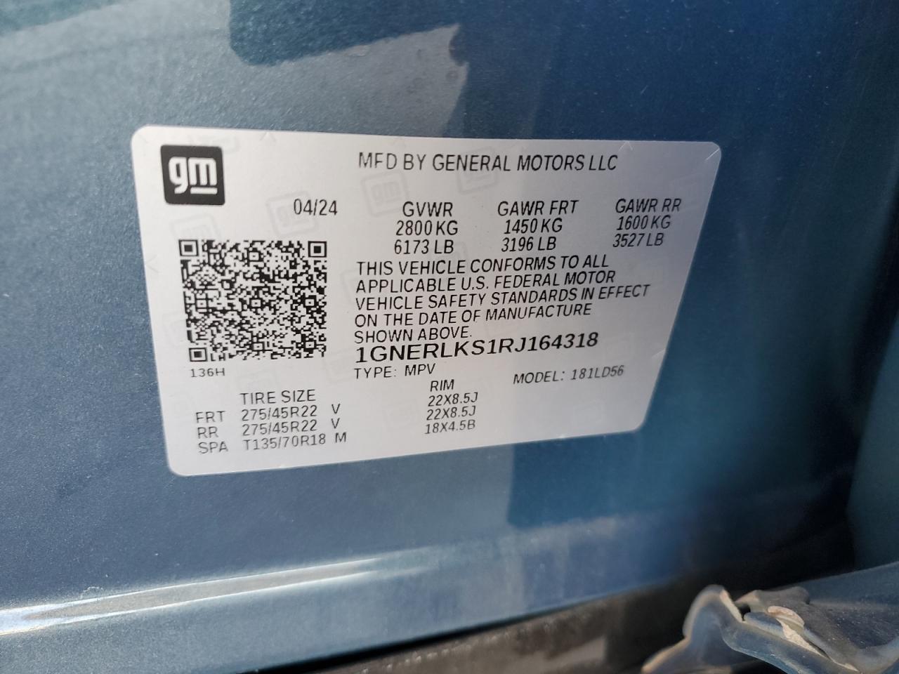 2024 Chevrolet Traverse Rs VIN: 1GNERLKS1RJ164318 Lot: 65027455