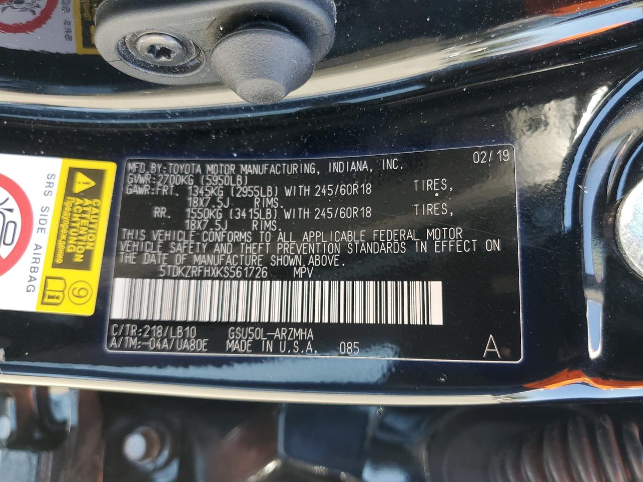 2019 Toyota Highlander Se VIN: 5TDKZRFHXKS561726 Lot: 64270795
