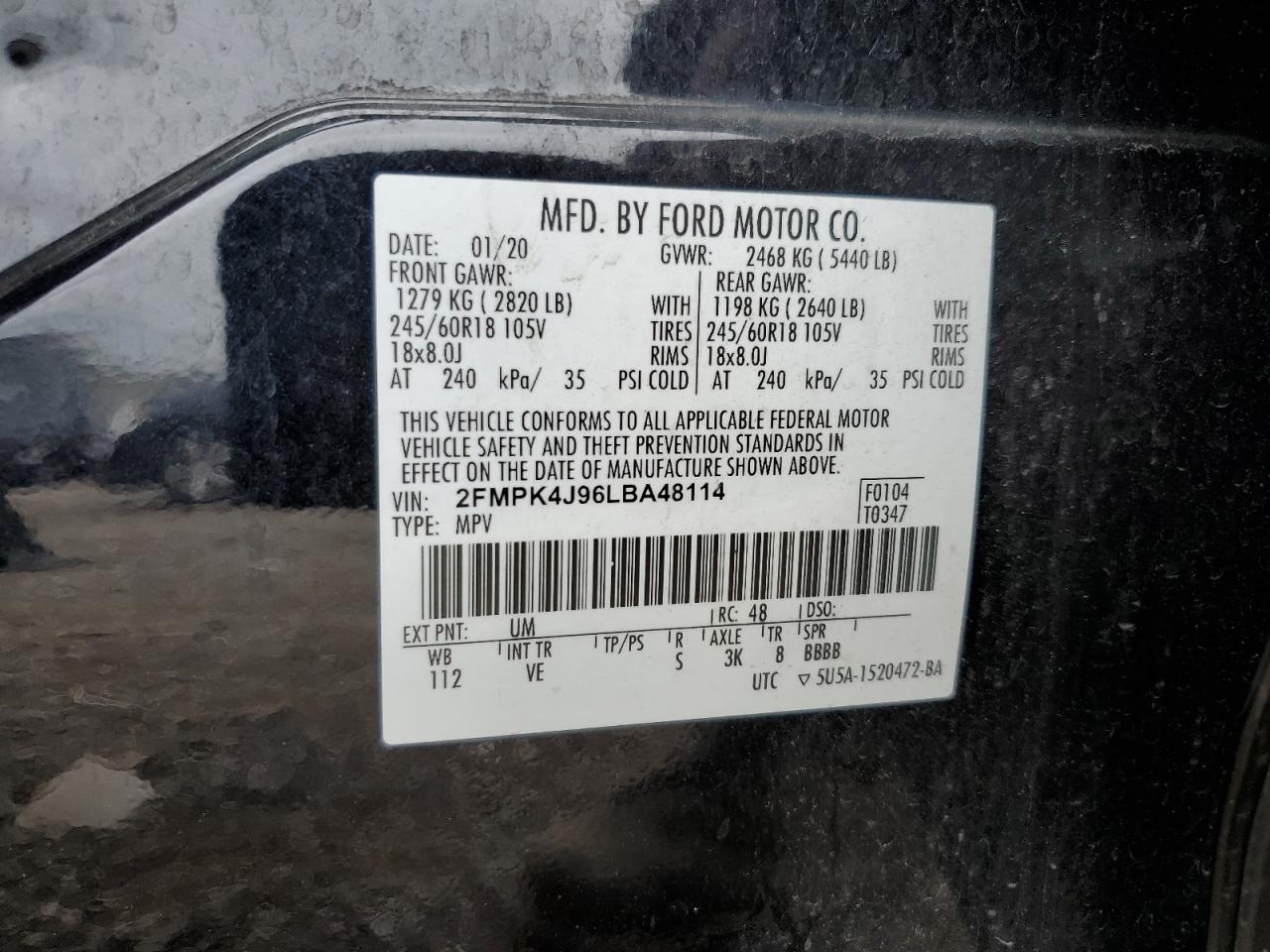 2020 Ford Edge Sel VIN: 2FMPK4J96LBA48114 Lot: 65042685