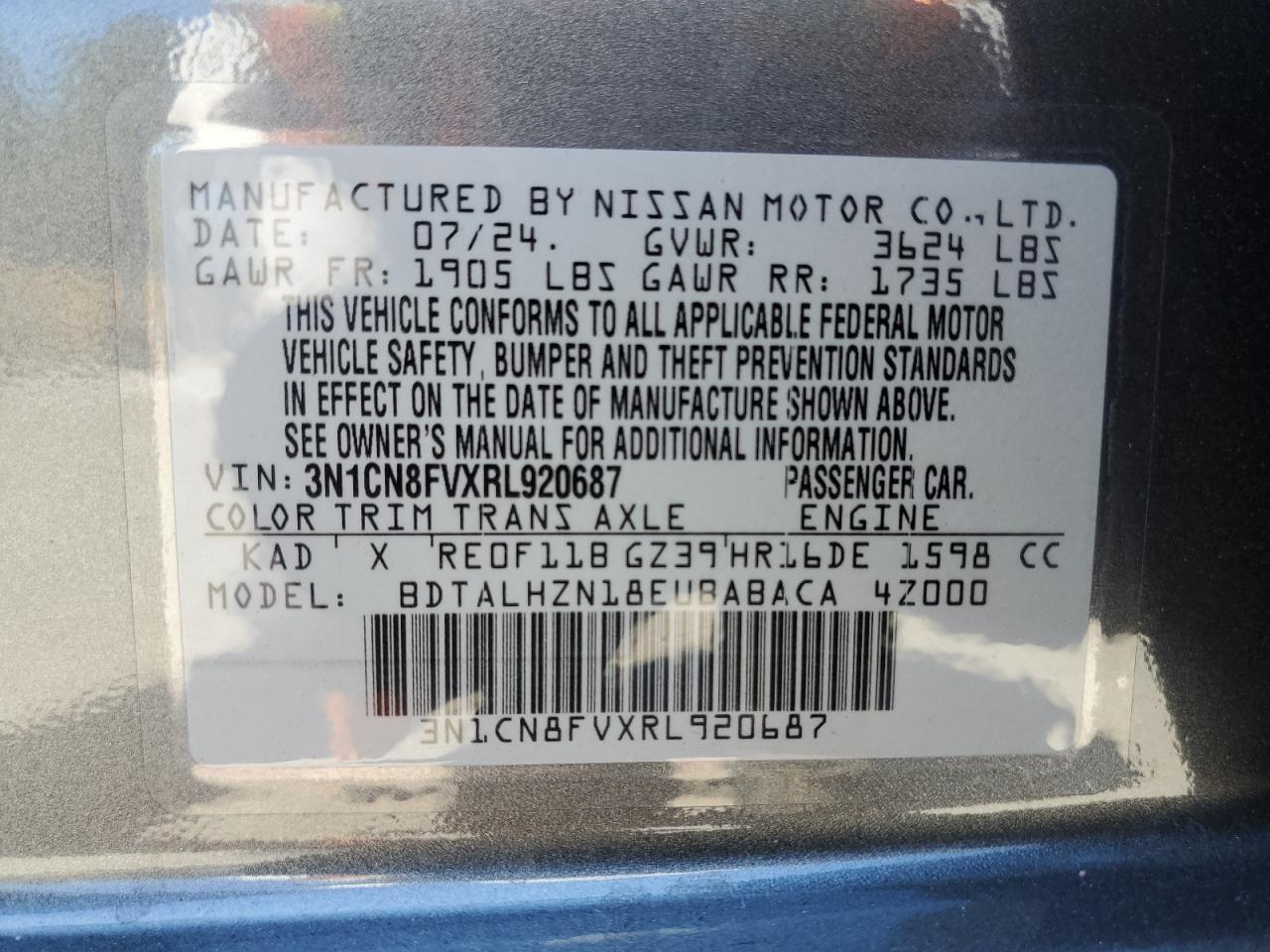 2024 Nissan Versa Sr VIN: 3N1CN8FVXRL920687 Lot: 63278795