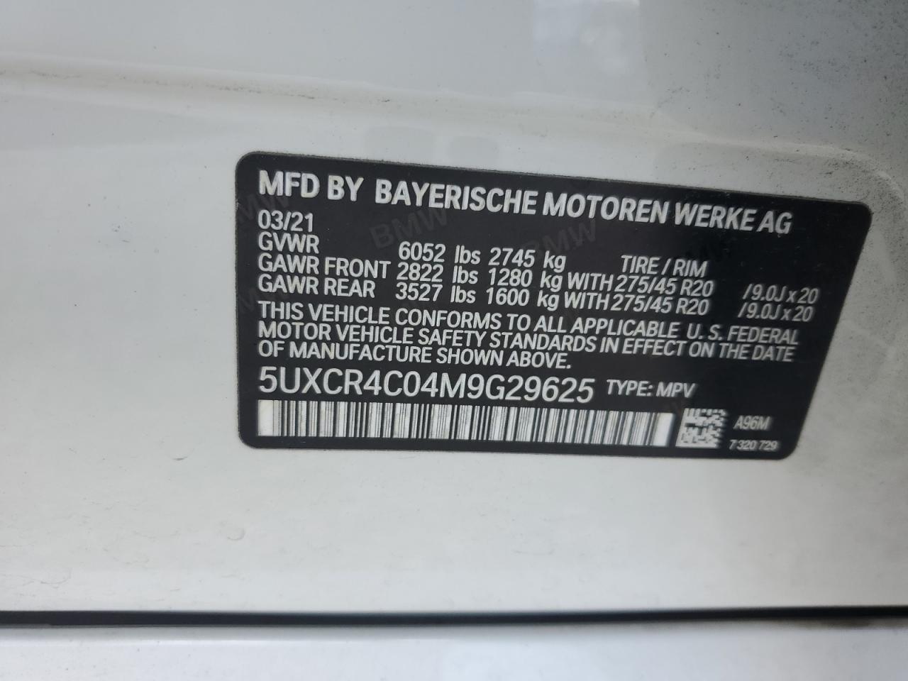2021 BMW X5 Sdrive 40I VIN: 5UXCR4C04M9G29625 Lot: 64758105