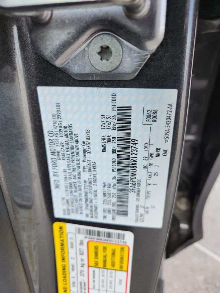 2019 Ford Fusion Sel VIN: 3FA6P0MU8KR123749 Lot: 65087645
