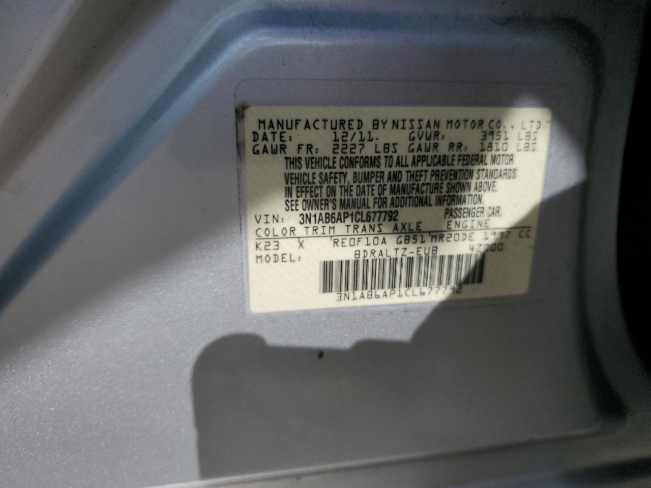 2012 Nissan Sentra 2.0 VIN: 3N1AB6AP1CL677792 Lot: 64034475