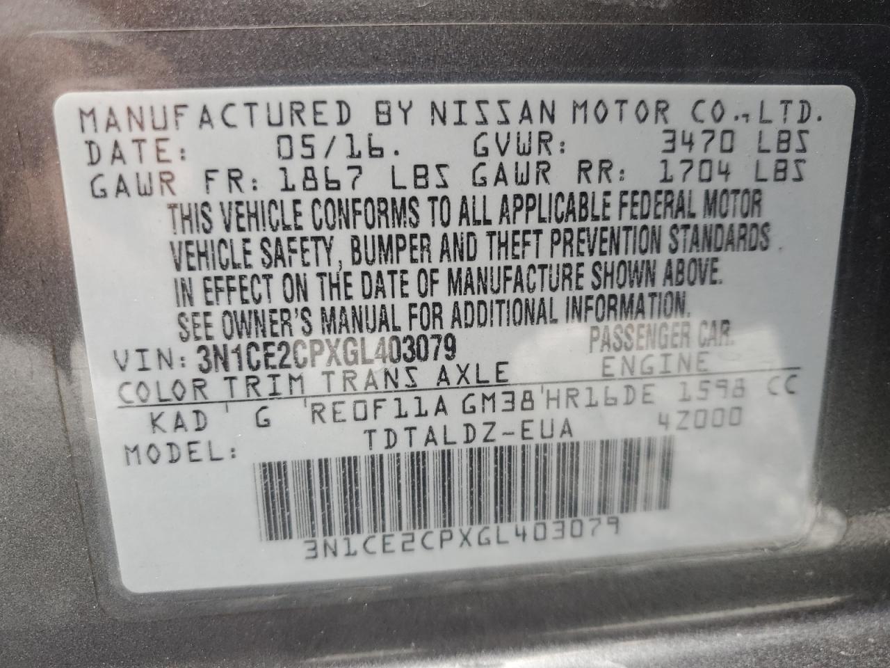 2016 Nissan Versa Note S VIN: 3N1CE2CPXGL403079 Lot: 64894905