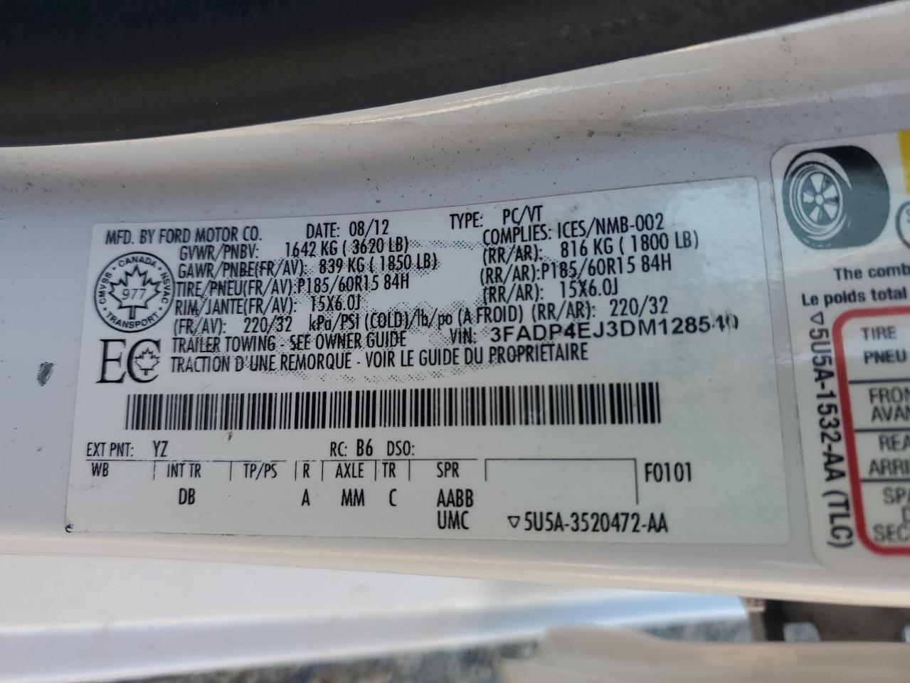 2013 Ford Fiesta Se VIN: 3FADP4EJ3DM128540 Lot: 65048975