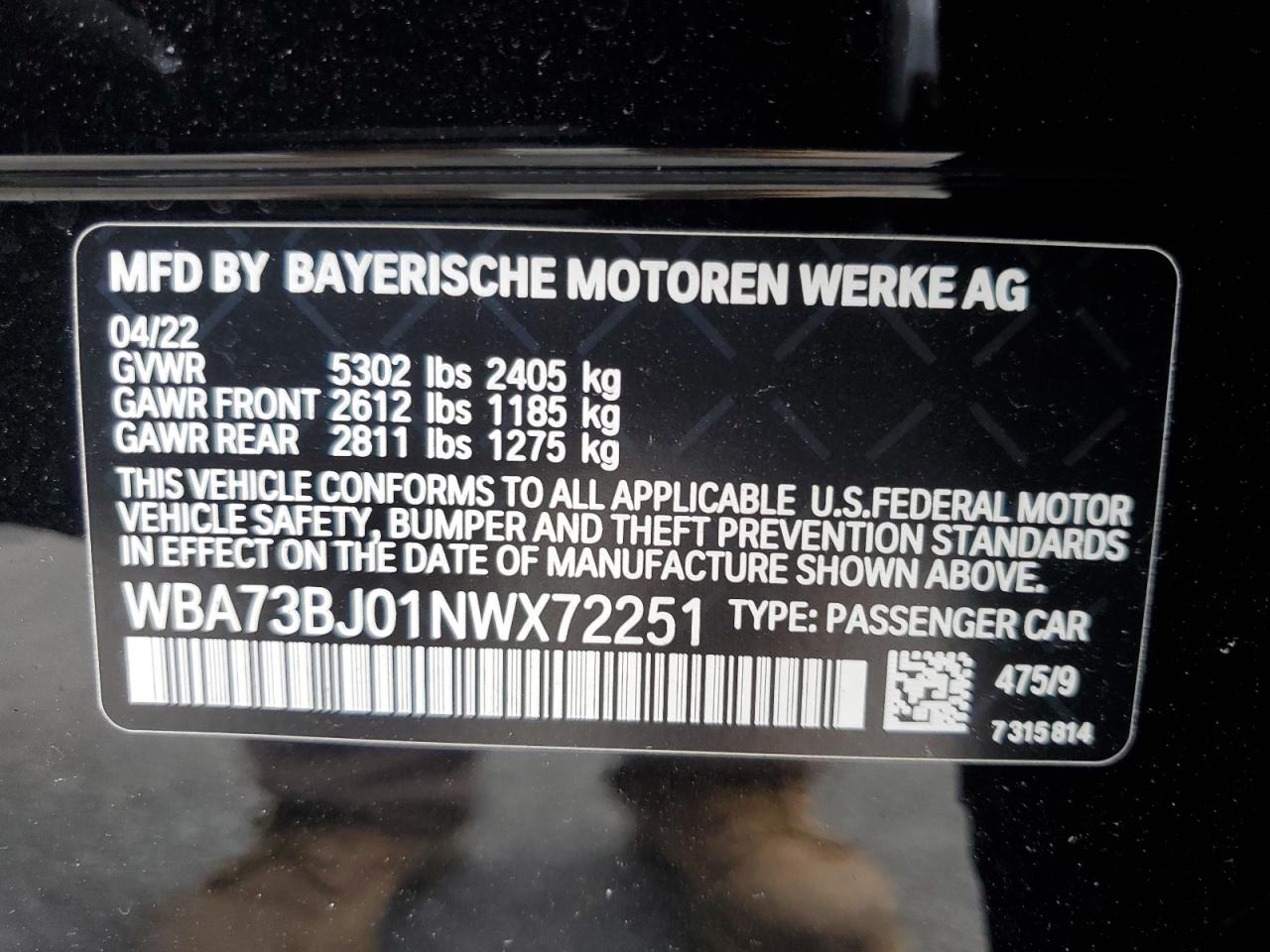 2022 BMW 540 Xi VIN: WBA73BJ01NWX72251 Lot: 63490515