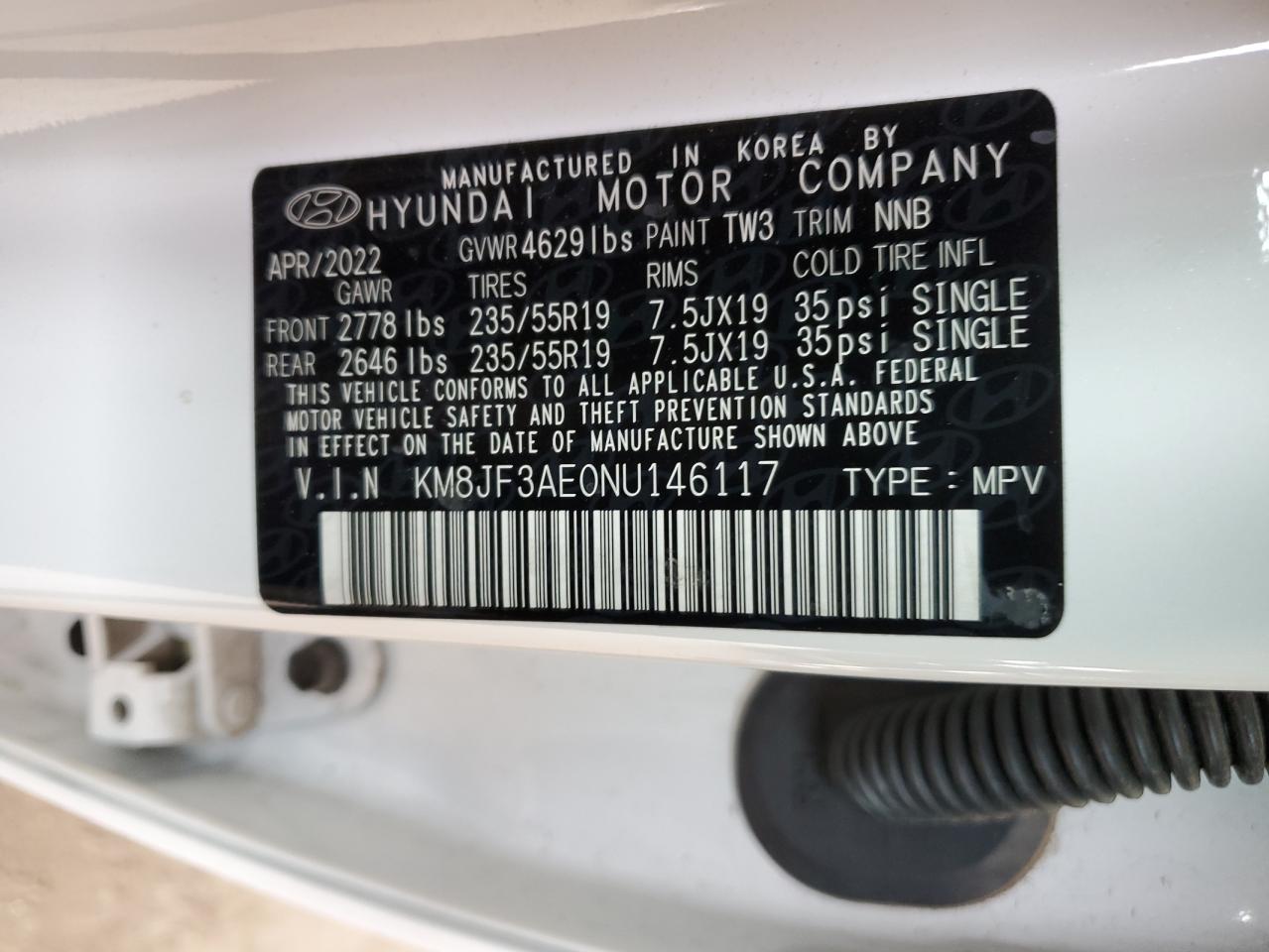 2022 Hyundai Tucson N Line VIN: KM8JF3AE0NU146117 Lot: 65231775