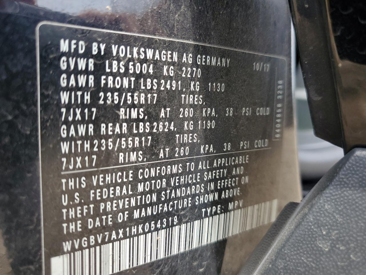 2017 Volkswagen Tiguan S VIN: WVGBV7AX1HK054319 Lot: 63867885