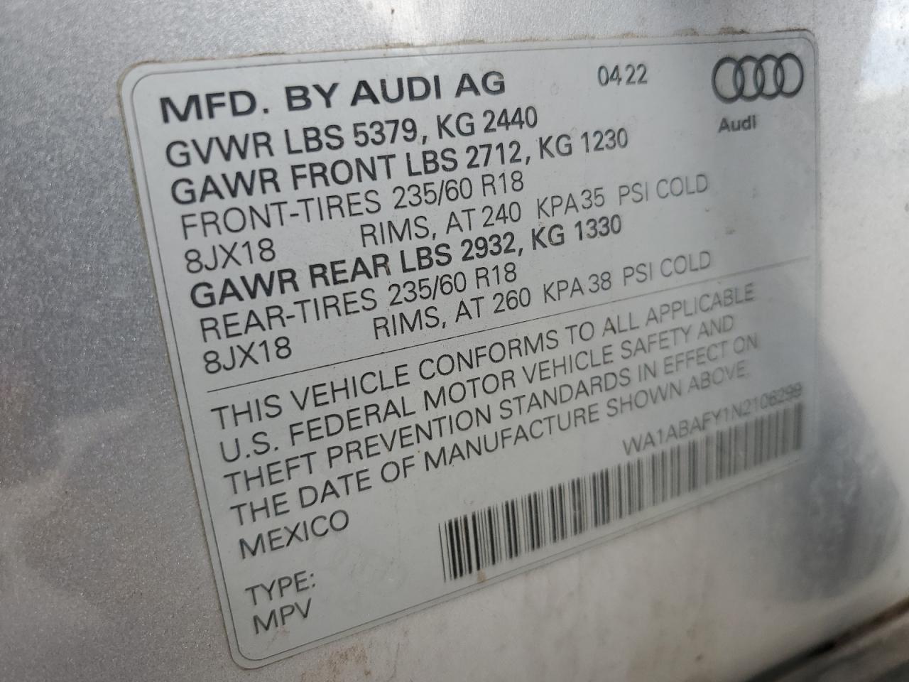 2022 Audi Q5 Premium 40 VIN: WA1ABAFY1N2106299 Lot: 63575515