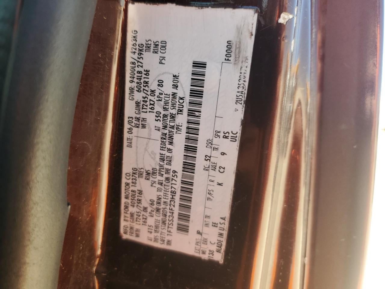 2003 Ford Econoline E350 Super Duty Van VIN: 1FTSS34F23HB71759 Lot: 60544975