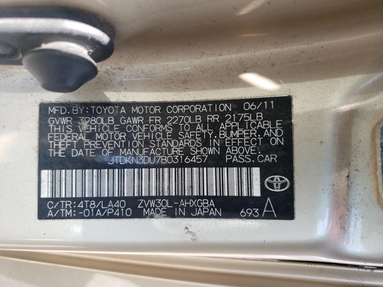 2011 Toyota Prius VIN: JTDKN3DU7B0316457 Lot: 65542205