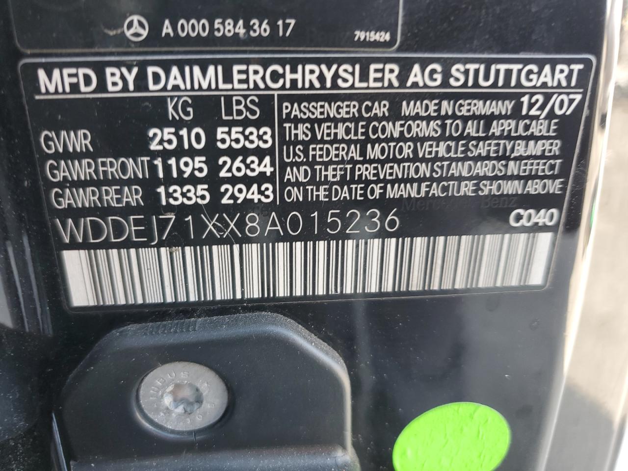 2008 Mercedes-Benz Cl 550 VIN: WDDEJ71XX8A015236 Lot: 62945535