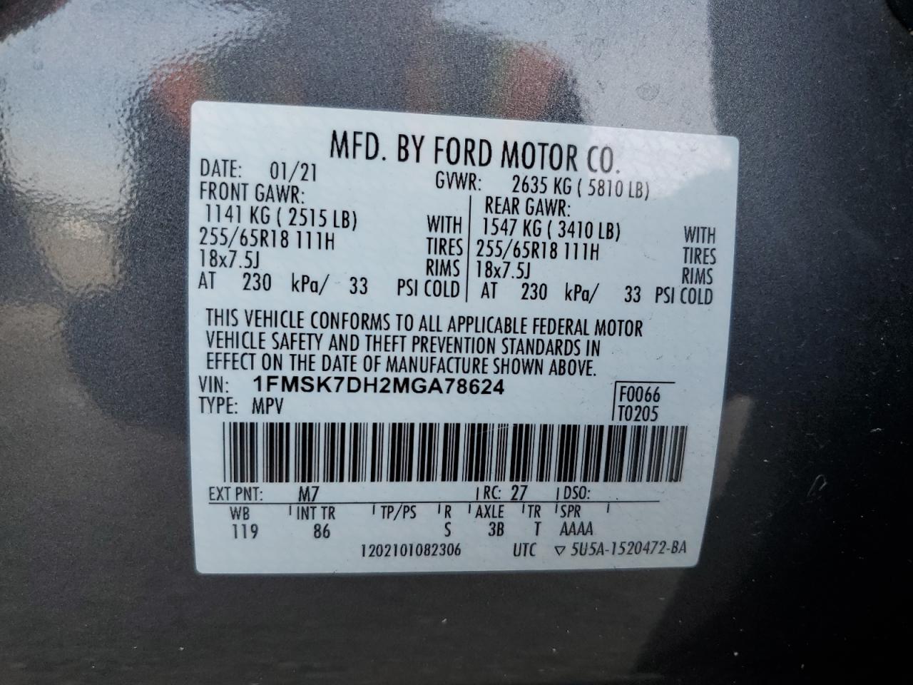 2021 Ford Explorer Xlt VIN: 1FMSK7DH2MGA78624 Lot: 65443205