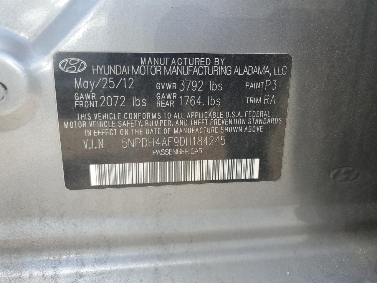 2013 Hyundai Elantra Gls VIN: 5NPDH4AE9DH184245 Lot: 62284865