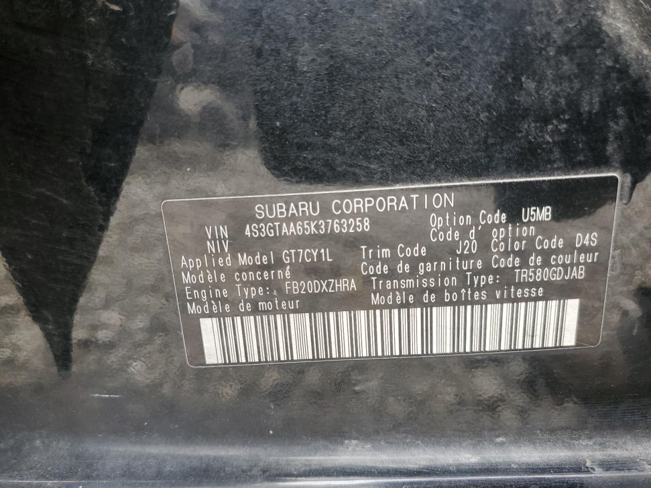 2019 Subaru Impreza VIN: 4S3GTAA65K3763258 Lot: 65073885