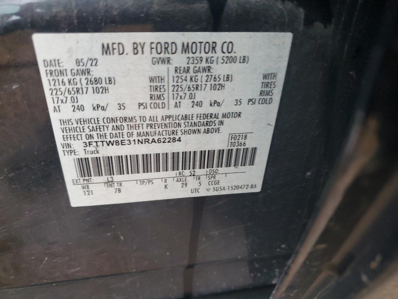 2022 Ford Maverick Xl VIN: 3FTTW8E3XNRA62624 Lot: 64461065