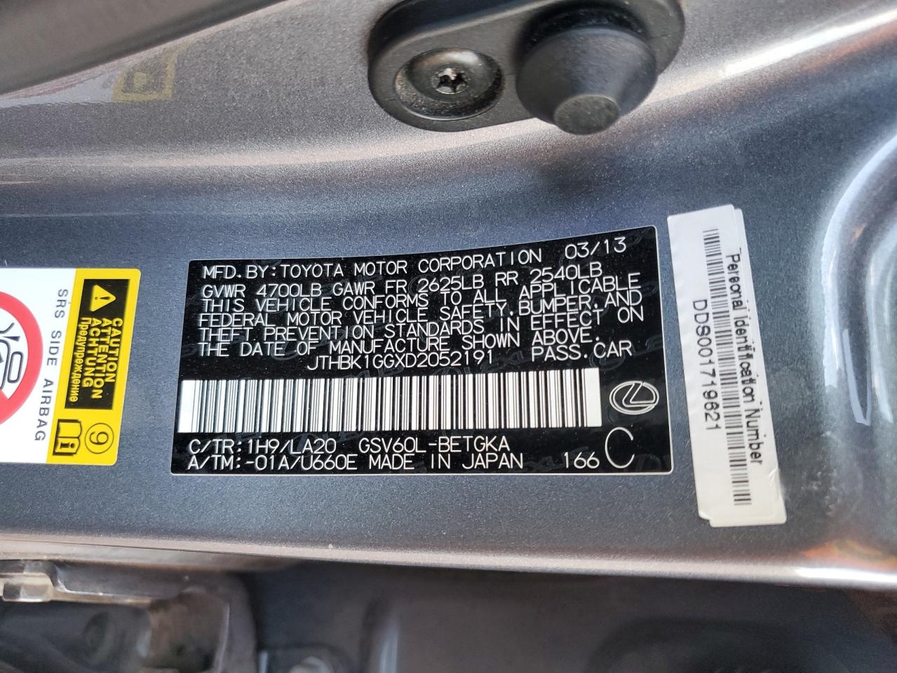 2013 Lexus Es 350 VIN: JTHBK1GGXD2052191 Lot: 63642335