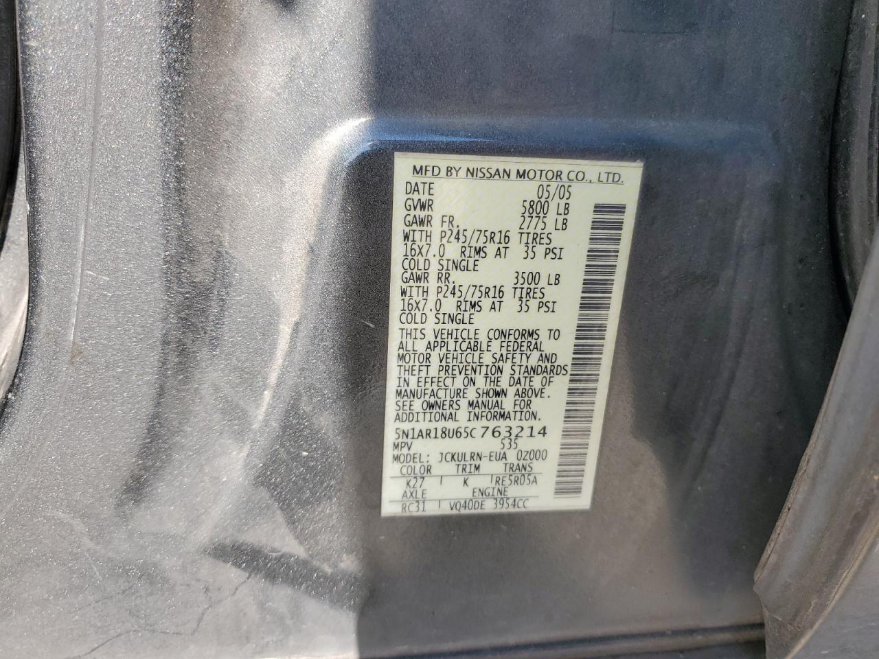 2005 Nissan Pathfinder Le VIN: 5N1AR18U65C763214 Lot: 63013485