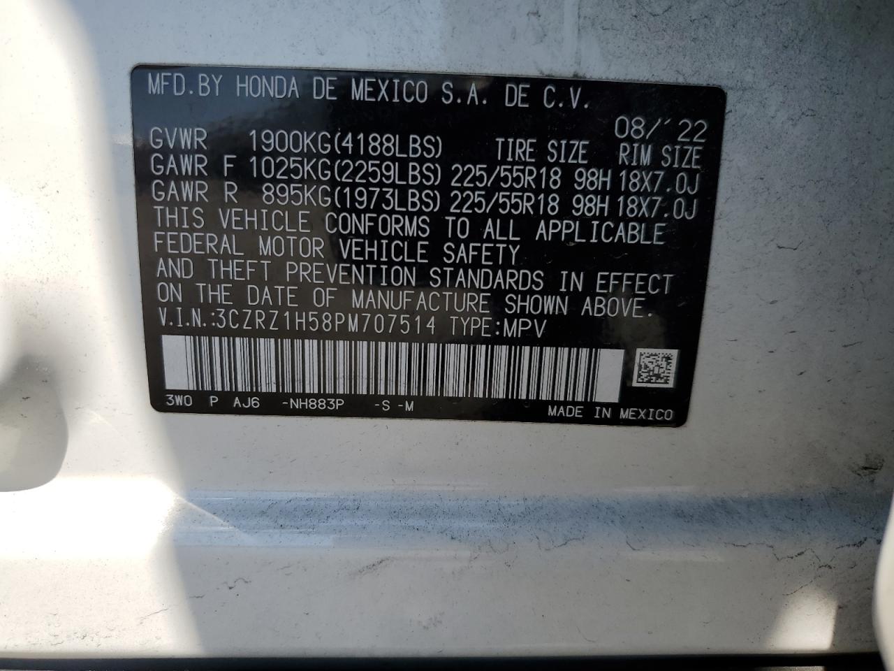 2023 Honda Hr-V Sport VIN: 3CZRZ1H58PM707514 Lot: 64777295