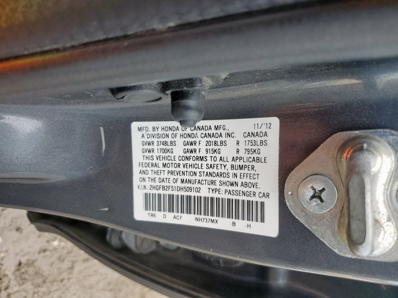 2013 Honda Civic Lx VIN: 2HGFB2F51DH509102 Lot: 64474845