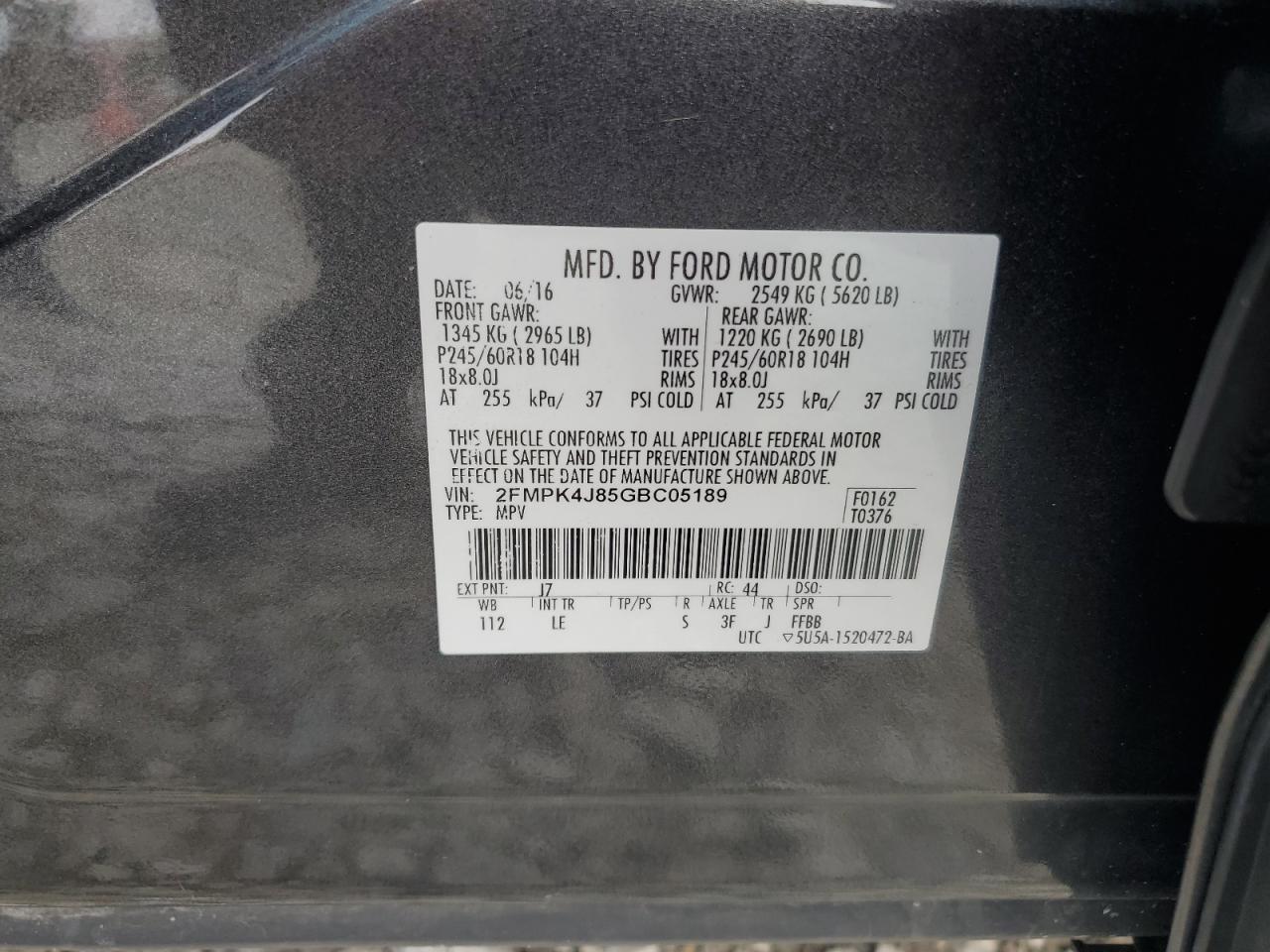 2016 Ford Edge Sel VIN: 2FMPK4J85GBC05189 Lot: 64418585