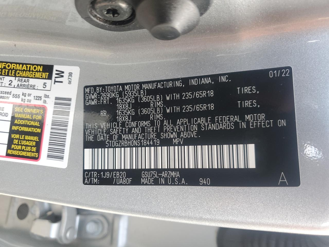 2022 Toyota Highlander Xle VIN: 5TDGZRBH0NS184419 Lot: 63783705