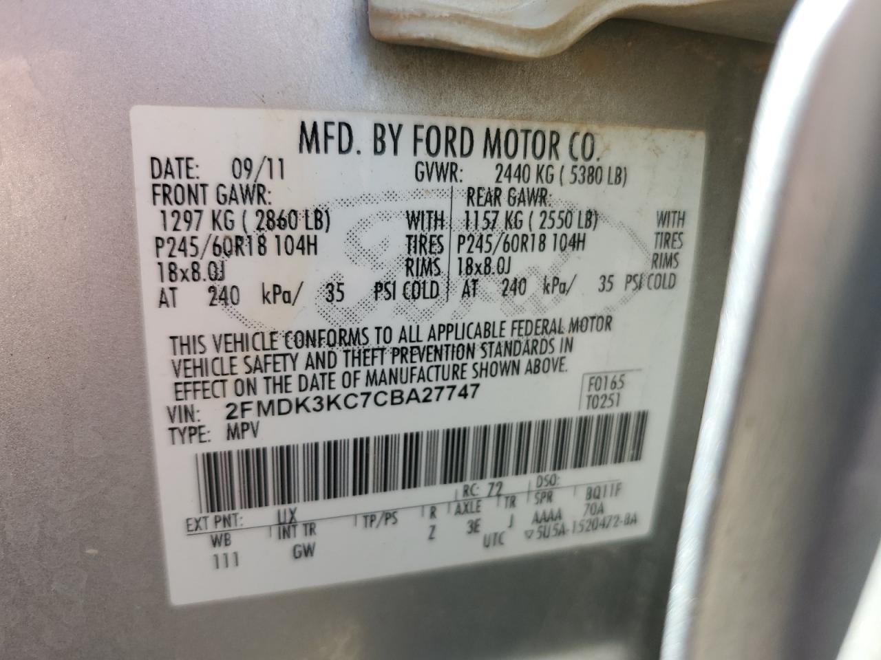 2012 Ford Edge Limited VIN: 2FMDK3KC7CBA27874 Lot: 63738505