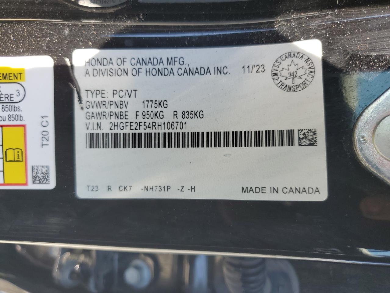 2024 Honda Civic Sport VIN: 2HGFE2F54RH106701 Lot: 64286415