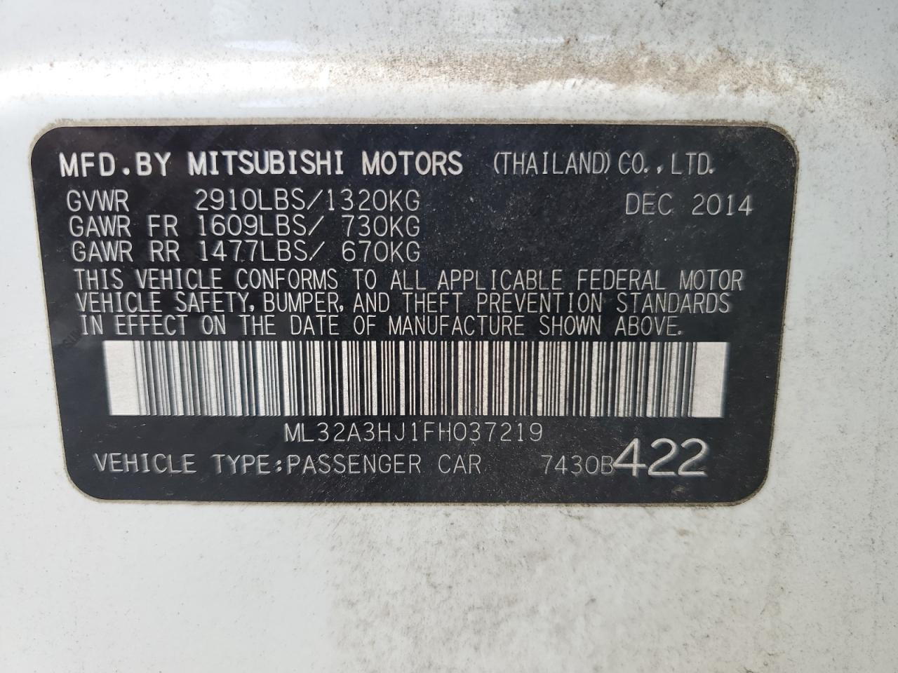 2015 Mitsubishi Mirage De VIN: ML32A3HJ1FH037219 Lot: 63428555