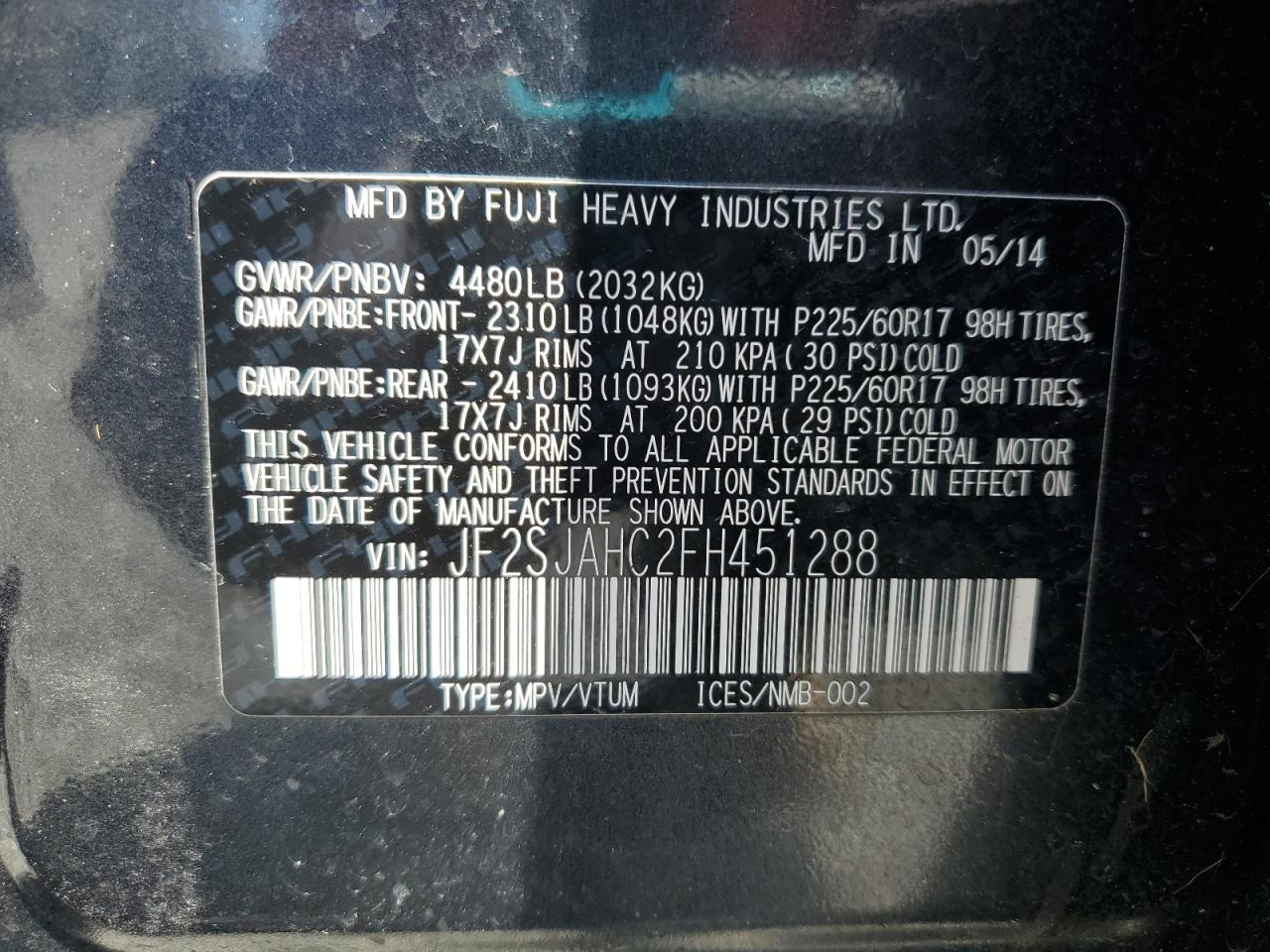 2015 Subaru Forester 2.5I Limited VIN: JF2SJAHC2FH451288 Lot: 63221355