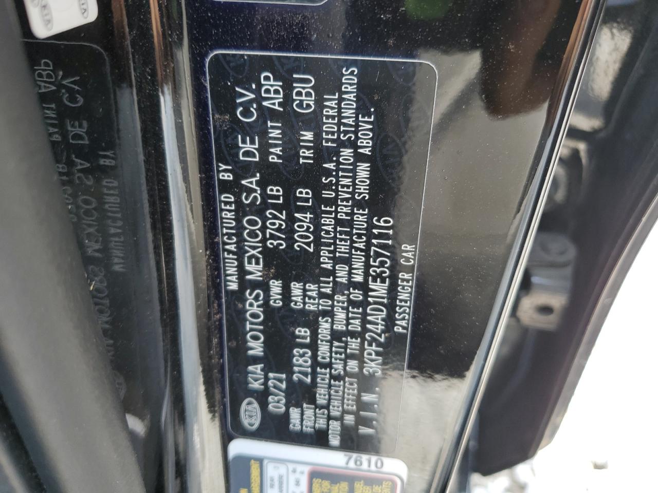 2021 Kia Forte Fe VIN: 3KPF24AD1ME357116 Lot: 63727855